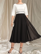 preiswerte Teelänge-A-Linie Brautmutterkleid Hochzeitsgast Elegantes Rundhals Tee-Länge Chiffon Satin Halbarm mit Perlen Raffung Midi Kleid 2025