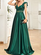 preiswerte Bodenlänge-Kleid Mutter der Braut Kleid Elegantes Party V-Ausschnitt Bodenlang Polyester Ärmellos mit Rüschchen