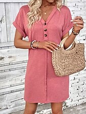 halpa Yksinkertainen mekko-Naisten minimekko A-linjainen mekko T-paitamekko tee-mekko rento ulkona päivittäinen loma säännöllinen istuvuus yksivärinen lyhythihainen V-pääntie musta vaaleanpunainen punainen vihreä kesä