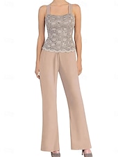 preiswerte Unter 129,99 $-Hosenanzug Mutter der Braut Kleid Elegantes einfaches Rundhals Knöchellang Polyester Langarm mit Spitze Einfarbig