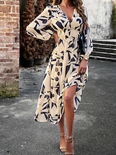 cheap Floral Dress-Women&#039;s Midi Dress A Line Dress Fit And Flare Dress Puff Sleeve Dress Vacation Casual Vacation Daily Regular Fit Graphic Long Sleeve V Neck Red Blue Green Apricot Summer