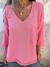 preiswerte Einfarbige Farben-Damen Pullover Täglich Stilvoll Lässig Einfarbig Gerippt V Ausschnitt Tasche Gestrickt Langarm Normale Oberteile Stricken Outdoor Täglich Schwarz Weiß Sommer Frühling
