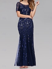 cheap Floor Length-Mermaid / Trumpet Wedding Guest Dresses Elegant Dress Wedding Guest Birthday Floor Length Short Sleeve Crew Neck Tulle with Sequin Embroidery