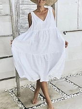 preiswerte Weiße Freizeitkleider-Damen Midikleid Weißes Kleid Casual kleid Sommerkleid Elegant Modern Täglich Sommerkleid Lockere Passform Glatt Einfarbig Ärmellos Tiefes V Schnürkragen Schwarz Weiß Rote Sommer