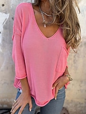 preiswerte Hemden-Damen Bluse Einfarbig Stilvoll Lässig Langarm V-Ausschnitt Reguläre Tops Tägliche Leinenähnliche Knöpfe Tasche Schwarz Weiß Rosa Grün Khaki Sommer Frühling