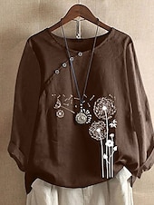 cheap Shirts-Women&#039;s Blouse Cotton Linen Shirts Flower Vintage Basic Casual Long Sleeve Crew Neck Regular Tops Daily Going out Buttons Print Black White Light Brown Brown Summer