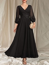 abordables Longueur du thé-Robe Mère de la Mariée A-Line Invité de Mariage Élégante Col en V Mi-Longue en Chiffon À Manches Longues avec Perles Appliques Robe Midi 2025