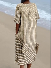 preiswerte Streifen- und geometrisches Kleid-Damen Midikleid Sommerkleid A Linie Kleid Urlaub Lässig Strand Ausgehen Lässiger Schnitt Grafik Geometrisch Kurzarm V Ausschnitt Weinrot Orange cremefarben Dunkelgray Sommer