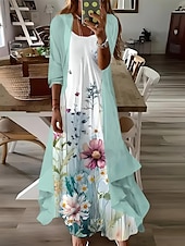preiswerte Blumenkleid-Damen Maxi Kleid 2 Teile Kleid Set Sundress Sommerkleid Slip Kleid Urlaub Formal Boho Urlaub Lockerer Schnitt Grafik Paisley 3/4 Länge Ärmel Träger V-Ausschnitt Hellblau Sommer Frühling