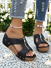 abordables Sandalias de cuña-Sandalias de cuña con remaches para mujer: zapatos de plataforma de corcho con punta abierta y cierre de cremallera para uso informal y de verano