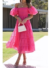 cheap Vacation Dresses-Women&#039;s Midi Dress Graduation Dress Fashion Modern Lantern Sleeve Vacation Graduation Weekend Regular Fit Plain Short Sleeve Off Shoulder Black White Yellow Pink Summer