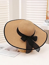 billiga Kvinnors hattar-elegant solhatt med bred brätte för kvinnor – sommarhatt i stråhatt med svart rosett, UV-skydd, hopfällbar floppy hatt för semester, trädgårdsfester och utomhusresor
