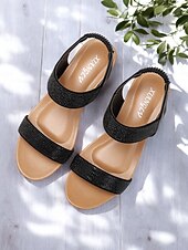 tanie Kobiety-damskie sandały na koturnie z kryształkami – brązowe, odkryte palce, elastyczne paski, wygodne buty na lato, okazje codzienne i eleganckie