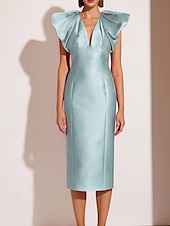 tanie Sukienki koktajlowe-Sukienki koktajlowe typu sheath/kolumna elegancka formalna sukienka ślubna tea długości midi krótki rękaw dekolt w kształcie litery V różowa sukienka satynowa z fałdami