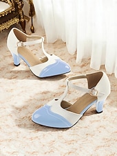 abordables Madre de la Novia/Novio-Zapatos Mary Jane con tiras en T de estilo vintage de los años 50 para mujer: zapatos de tacón bajo con diseño brogue de dos tonos para fiestas retro, ropa de oficina y ocasiones especiales
