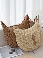 olcso Keresztpántos táskák-női nagy kapacitású, kézzel készített szalmából készült nyeregtáska válltáska - bohém crossbody táska elülső zsebbel, nyári strandtáska, alkalmi utazótáska nyaraláshoz, vásárláshoz és mindennapi használatra