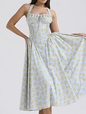 cheap Dresses-Retro Vintage Medieval Renaissance Midi Dress Flare Dress Ren Faire Halter Regency Inspired Floral Women&#039;s Masquerade Wedding Vacation Casual Daily Adults&#039; Dress Summer