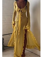 levne Boho šaty-Dámské Dlouhé šaty Maxi šaty Boho šaty Módní Dovolená Rande Jdeme ven Běžný Bez vzoru Dlouhý rukáv Do V Světle žlutá Léto