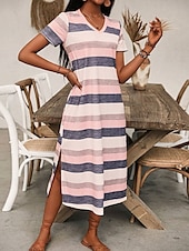 levne Pruhované a geometrické šaty-Ženské maxi šaty tričkové šaty T-shirt šaty A-line šaty dovolená každodenní regular fit grafický geometrický krátký rukáv V výstřih růžová léto jaro podzim
