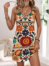 cheap Floral Dress-Women&#039;s Mini Dress A Line Dress Summer Dress Off The Shoulder Dress Vacation Casual Daily Date Weekend Loose Fit Floral Graphic Sleeveless U Neck Orange Summer Spring