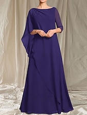 halpa Lattian pituus-A-linja Morsiamen äidin mekko Häiden vieras Elegantti Crew-kaula-aukko Lattianpituinen Chiffon 3/4-pituisella hihalla Helmiäistyksellä
