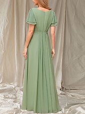 baratos Vestidos para Madrinhas-Vestido de dama de honra em linha A, gola redonda, manga curta, elegante, comprimento até o chão, chiffon com faixa / fita / franzido 2025