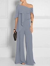 abordables Combinaisons pour maman-Combinaisons invitée de mariage élégante robe de mariage formelle fête longueur du sol manches courtes épaules dénudées automne invité de mariage chiffon avec volants 2025 taille sur mesure gratuite