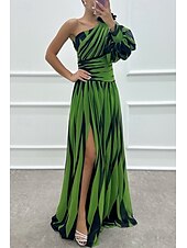 preiswerte Elegante Blumenkleider-Damen kleid lang Ballkleid abendkleider Cocktailkleid Modisch Party Tee-Party Ausgehen Regular Fit Farbblock Langarm Ein-Schulter Weiß Grün Rosenrot Sommer
