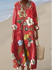 economico Abiti a Strisce e Geometrici-Per donna Abito Midi Vestito Estivo Abito a trapezio Vacanza Casual Boho Uscire Spiaggia Grafico Manica Lunga Scollo a V Giallo Rosso Bianco sporco Cachi Estate Primavera