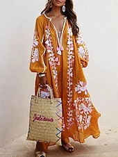 billiga Boho-klänning-Dam Midiklänning A linjeklänning Puffärmsklänning Semester Födelsedag Semester Fest Grafisk Långärmad V-hals Rubinrött Blå Himmelsblå Orange Vår Höst
