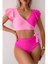 preiswerte Bikini-Sets-Damen Badeanzug Bikini Bademode Hoch tailliert Tropisch Strandbekleidung Farbblock V-förmiger Draht-Ausschnitt Ärmellos Badeanzüge