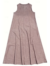 preiswerte Kleider-Damen Midikleid Leinen-inspirierte Kleider Freizeitkleid Baumwoll-Leinenkleid Sommerkleid Mode Basic Urlaub Täglich Ausgehen Normale Passform Einfach Ärmellos V Ausschnitt Leicht Braun Khaki Leicht