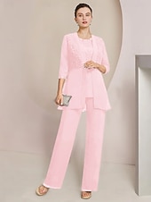 levne Máminy kalhotové kostýmy-Plážový svatební overal  kalhotový oblek 3 díly pro matku nevěsty formální svatební host elegantní šaty s kulatým výstřihem podlahová délka z chiffonu krajky třpytivé 3/4 délka rukávu s krajkovým