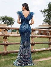 abordables Robes de Soirée-Robe de Quinceanera Sirène  Trompette Élégante Robe Mariage Mariée Invitée Longueur de Sol Sans Manches Col en V Spandex avec Sequins