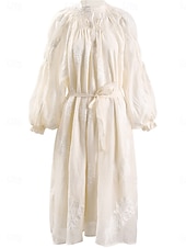 abordables Longueur du thé-Robe Mère de la Mariée Élégante Vintage Simple Décolleté en V Longueur Thé Mélange de Coton Manches Longues avec Broderie Robe Midi Robe d&#039;Invitée de Mariage