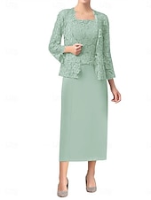 economico Sotto 129,99 $-Set di Abiti Madre della Sposa Abito da Ospite Matrimonio Elegante Semplice Collo Ampio Lunghezza Totale Poliestere Manica Lunga con Colore Solido