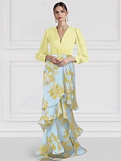 preiswerte GRÜN-A-Linie Abendkleid Elegantes Kleid Formelle Hochzeit Bodenlänge Langarm V-Ausschnitt Chiffon mit Floral Print Hochzeitsgastkleid