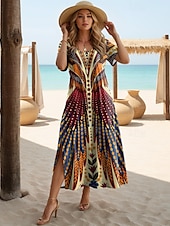 olcso Boho ruhák-Női Maxi Ruha Fekete Ruha Hosszú Ujjú Boho Ruha Elegáns Bohemia Vakáció Lepke Ujjú Vakáció Tengerpart Rendszeres Illeszkedés Virágos Grafika Rövid Ujjú Kerek Nyak Málnaszín Fehér Sárga Világos Zöld