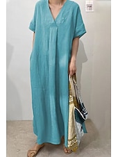 abordables concevoir des robes en coton et lin-Femmes Robe Midi Robes inspirées du lin Robe en coton et lin Mode Classique Moderne Quotidien Fête Week-end Coupe régulière Uni Manche Courte Col en V Rouge Chameau Violet Vert Été