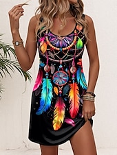ieftine Rochii boho-Pentru femei Rochie Mini Rochie A line Rochie de vară Vacanță Casual Zilnic Potrivire Largă Grafic Tribal Fără manșon În U Negru Vară