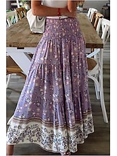 billiga Grafiska kjolar-Dam Kjol Gunga Ledigt Boho Maxi Mellanhög midja Kjolar Blommig Mönster Microelastisk Semester Gata Äppelgrå Violett Svart Mandel Sommar Polyester