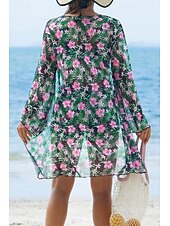 abordables Maillots de bain trois pièces-Femmes Maillots de Bain Trois Pièces Shorts Maillot de bain Tropical Tenues de plage Fleur Fil en V manche longue Maillots de bain