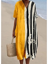 abordables Robes Rayés et Géométriques-Robe Midi Femme Robe de Plage Robe en A Robe en Lin Vacances Casual Plage lin comme Sortir Ajustement Lâche Graphique Géométrique À Manches Courtes Col en V Jaune Clair Jaune Foncé Jaune Été