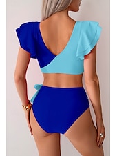 preiswerte Bikini-Sets-Damen Badeanzug Bikini Bademode Hoch tailliert Tropisch Strandbekleidung Farbblock V-förmiger Draht-Ausschnitt Ärmellos Badeanzüge