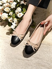 economico Ballerine da donna-ballerine da donna color crema con fiocco – comode scarpe slip-on con punta tonda per l'uso quotidiano e gli appuntamenti casual