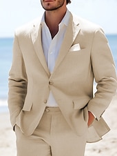 cheap Wedding Suits-Men&#039;s Beach Wedding Linen Suits Khaki Half Lined Lightweight Casual Summer Solid Colored Standard Fit 2 Piece Single Breasted Two-buttons