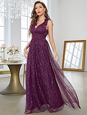 economico VERDE-Abito da sera a linea A abito scintillante formale per matrimonio lunghezza fino a terra senza maniche scollo a V tulle con glitter