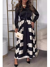 cheap Work Dresses-Women&#039;s Long Dress Maxi Dress Cocktail Dress Fashion Tea Party Going out Weekend Regular Fit Striped Long Sleeve V Neck Black Wine Summer
