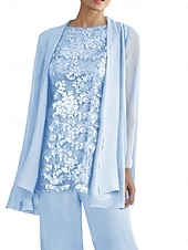 preiswerte Unter 129,99 $-Dreiteilig Hosenanzug Brautmutterkleid Elegant Rundhalsausschnitt Bodenlang Polyester Langarm mit Perlenstickerei 2025