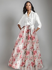 abordables Longueur du plancher-Robe mère de la mariée trapèze, imprimé floral, nœud élégant, plis, longueur au sol, col chemise, satin, manches 3/4 avec boutons, printemps été 2025